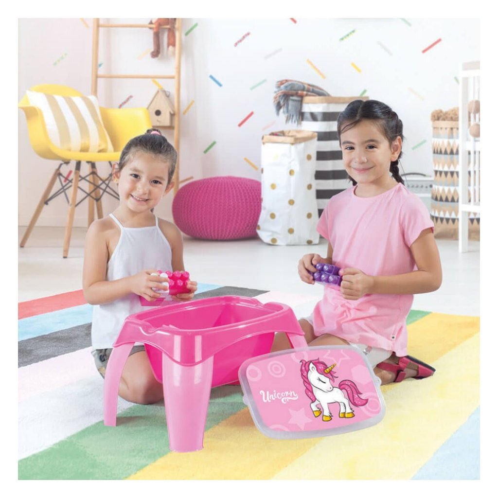 Dolu eenhoorn activiteitentafel + 30 blokken roze