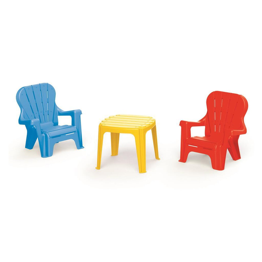 Dolu tafel met 2 stoelen blauw rood geel