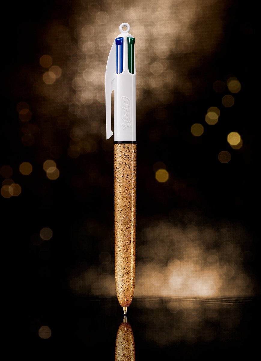 Bic 4 kleuren balpen - goudkleurige huls met ijzig motief - pak van 1 stuk - medium punt 1 mm