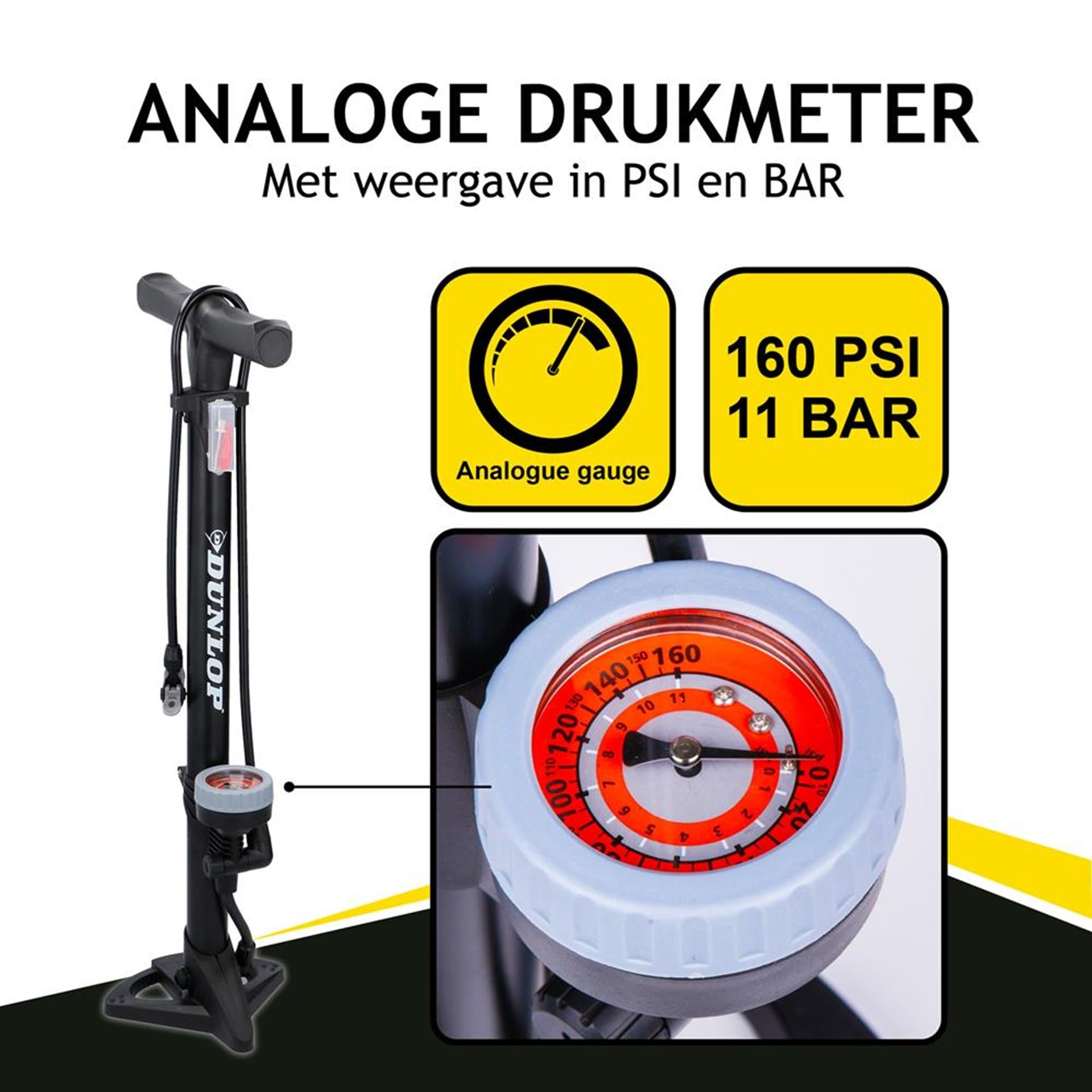 Dunlop staande fietspomp pro uitvoering - analoge drukmeter - dubbele ventielkop - zwart
