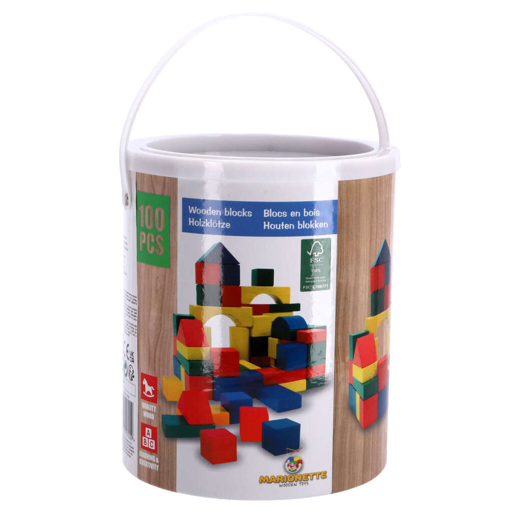 Marionet houten speelgoed blokkenton met houten blokken 100 stuks