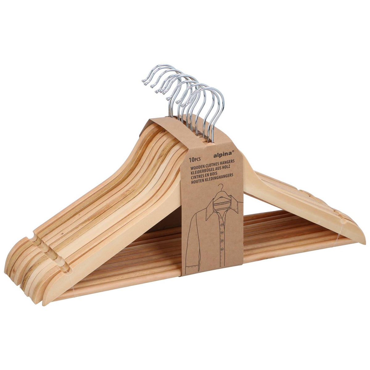 Alpina kledinghangers hout set 10 stuks – kleerhangers voor brede schouders - kledinghanger met draaibare haak - kleding hangers met anti‑slip en broeklat