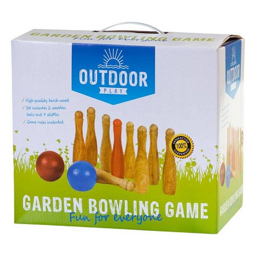 Buitenspeeltuin houten tuin bowlingset met 9 kegels en 2 ballen