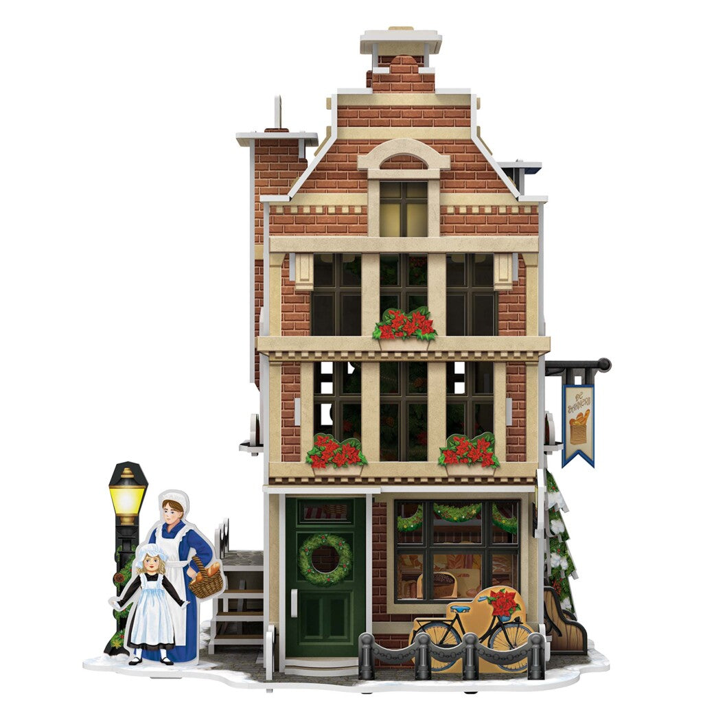 Kubieke leuke 3d puzzel hollands huisje winter bakkerij + licht 65 stukjes