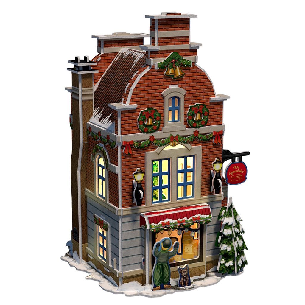 Kubieke leuke 3d puzzel hollands huisje winter kaaswinkel + licht 60 stukjes