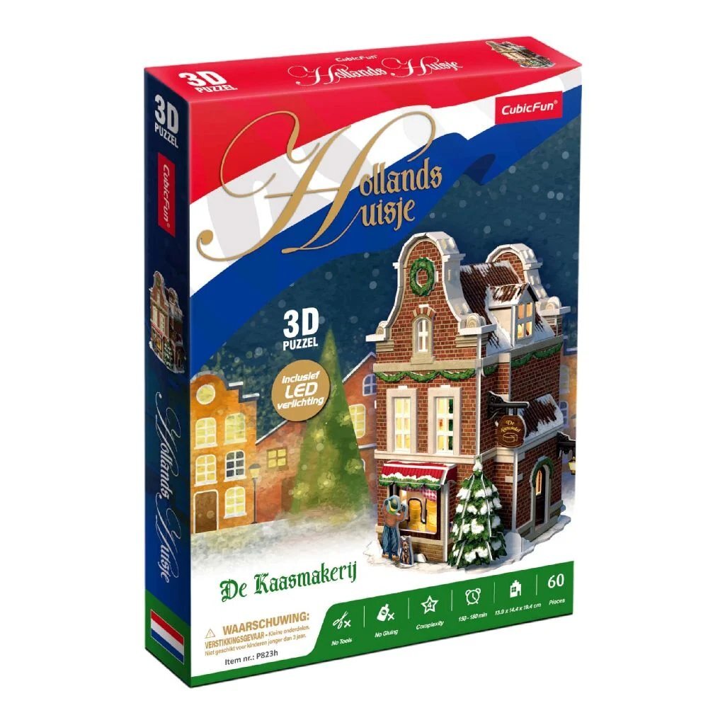 Kubieke leuke 3d puzzel hollands huisje winter kaaswinkel + licht 60 stukjes