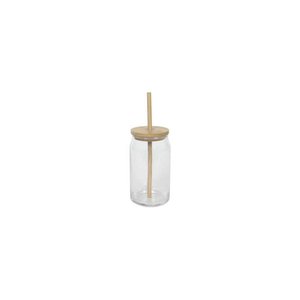 Drinkglas bamboe deksel + rietje 500ml
