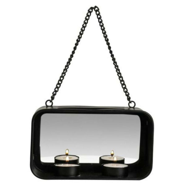 Gusta wand theelichthouder + spiegel 18x10x6.5 cm metaal zwart