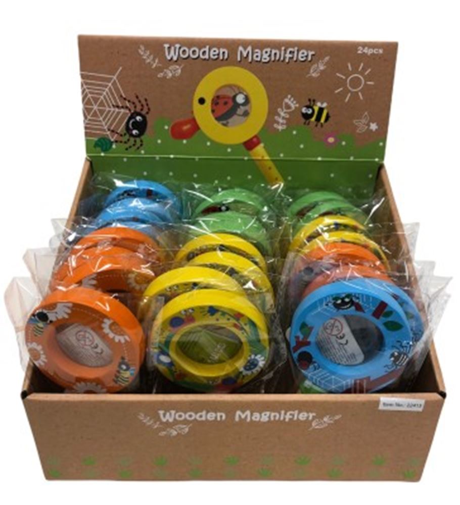 Houten vergrootglas. 4 ass. 12 stuks 3+