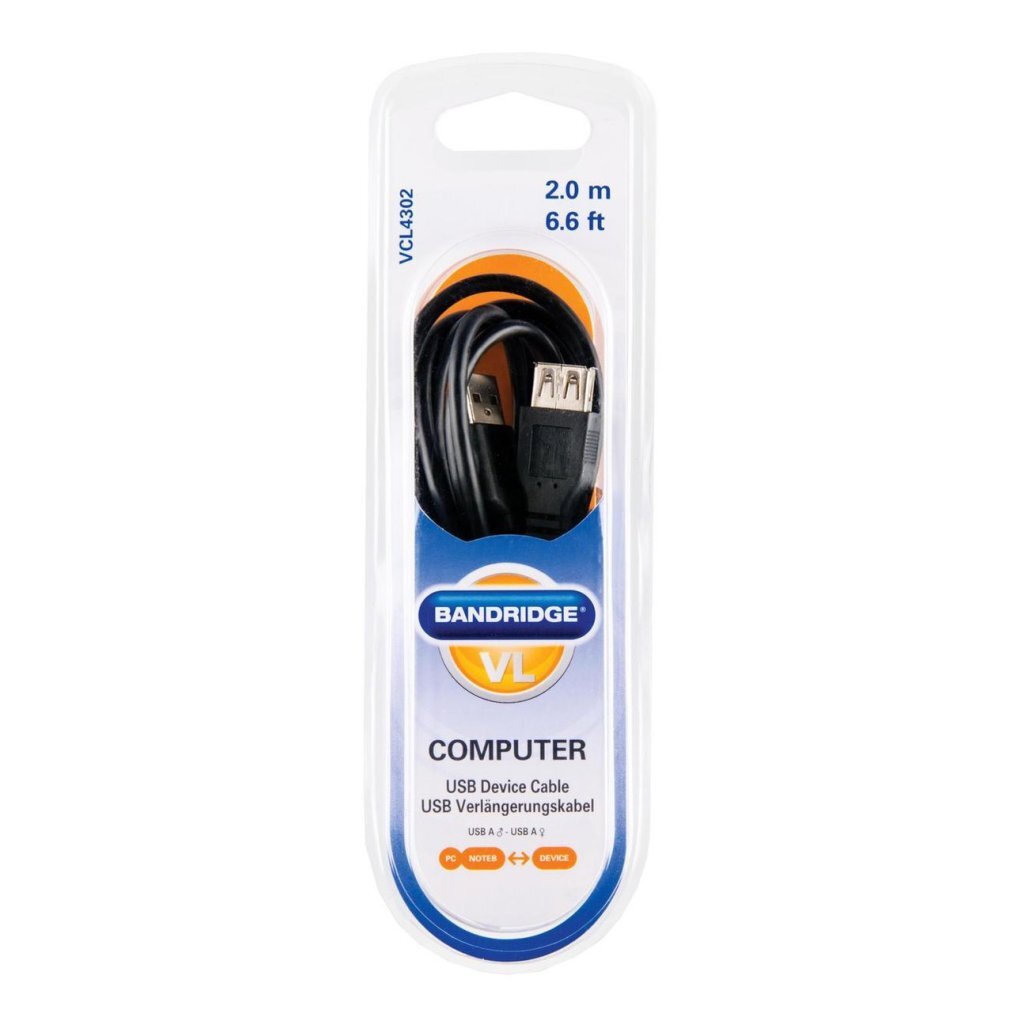 Bandridge usb 2.0 a mannelijk naar usb 2.0 a vrouwelijk 2 m zwart