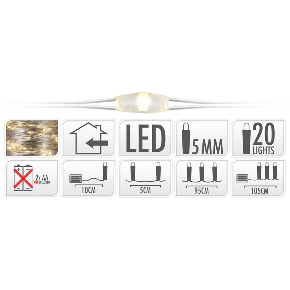 Sia zilverdraad kerstverlichting op batterij 95cm 20 led lampjes