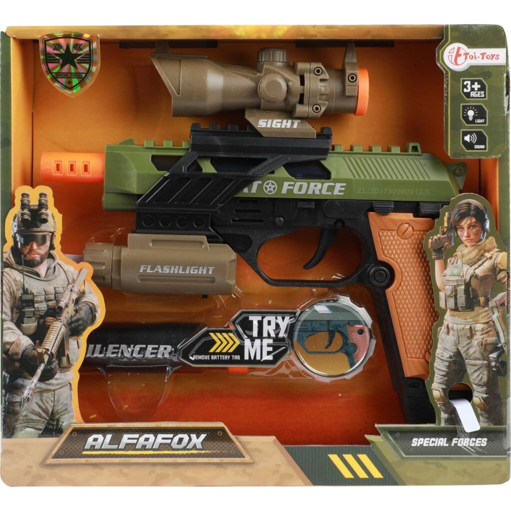 Toi-toys alfafox militair pistool met demper + zaklamp + licht en geluid