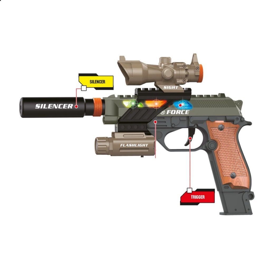 Toi-toys alfafox militair pistool met demper + zaklamp + licht en geluid
