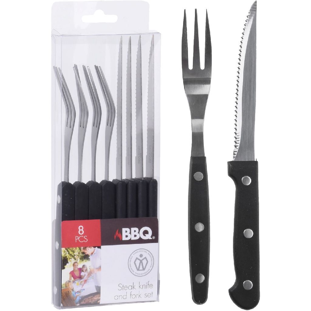 Bbq steakmessen en vorken 8 stuks RVS zwart