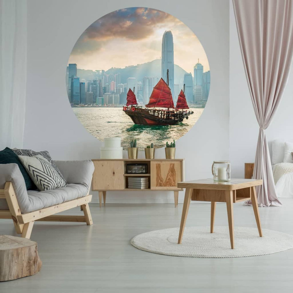 WallArt WallArt Behangcirkel Skyline met Junk Boat 142,5 cm