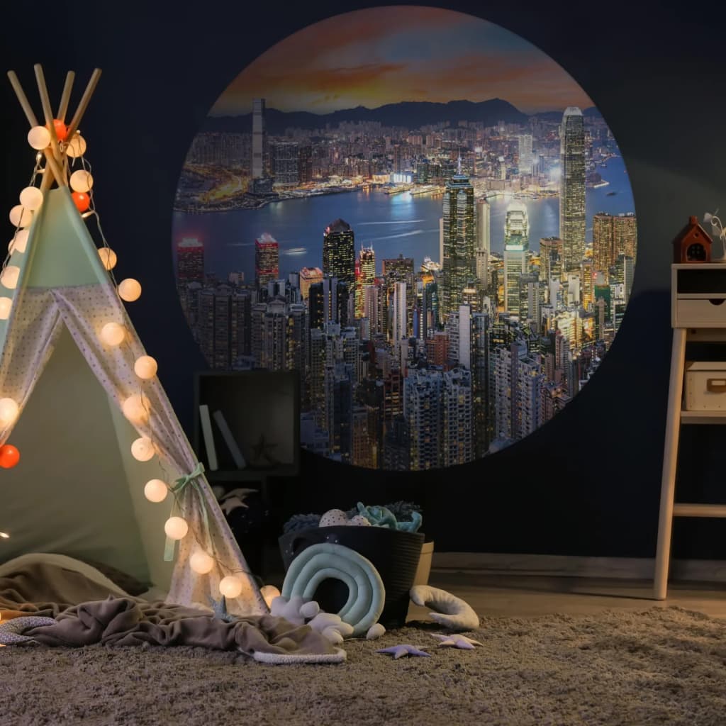 Muurschildering behangcirkel skyline by night 190 cm