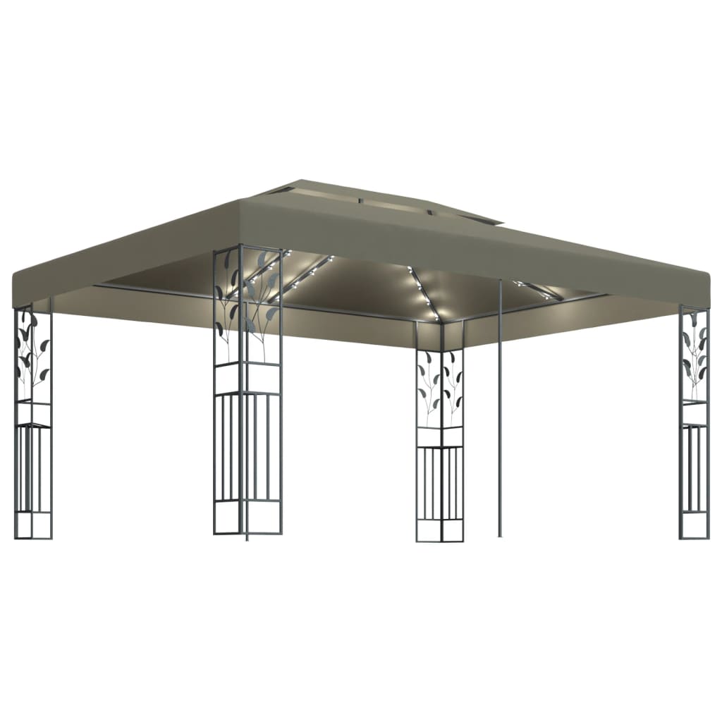 VidaXL Prieel met dubbel dak en LED-lichtslinger 3x4m taupe