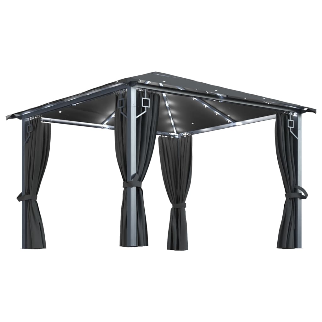 VidaXL Prieel met gordijn LED-lichtslinger 3x3m aluminium antraciet