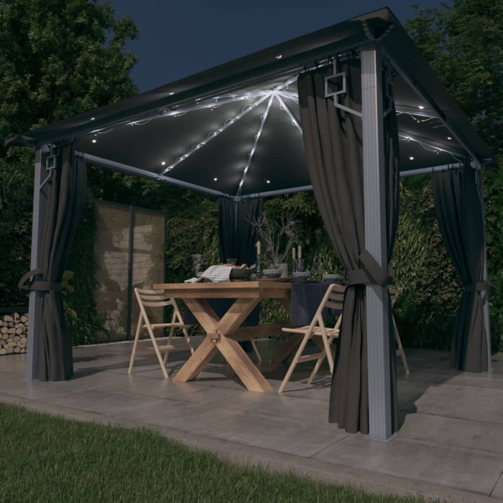 VidaXL Prieel met gordijn LED-lichtslinger 3x3m aluminium antraciet