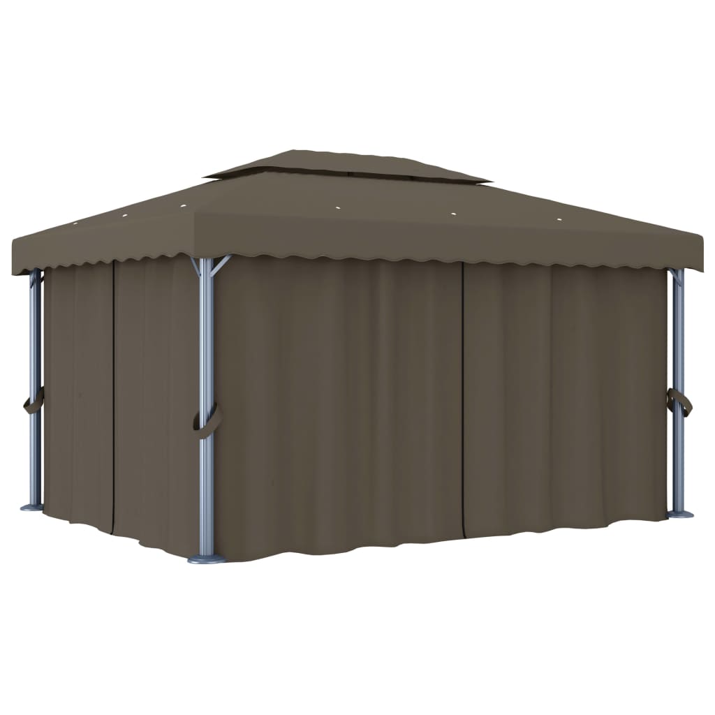 VidaXL Prieel met gordijn en LED-lichtslinger 4x3m taupe