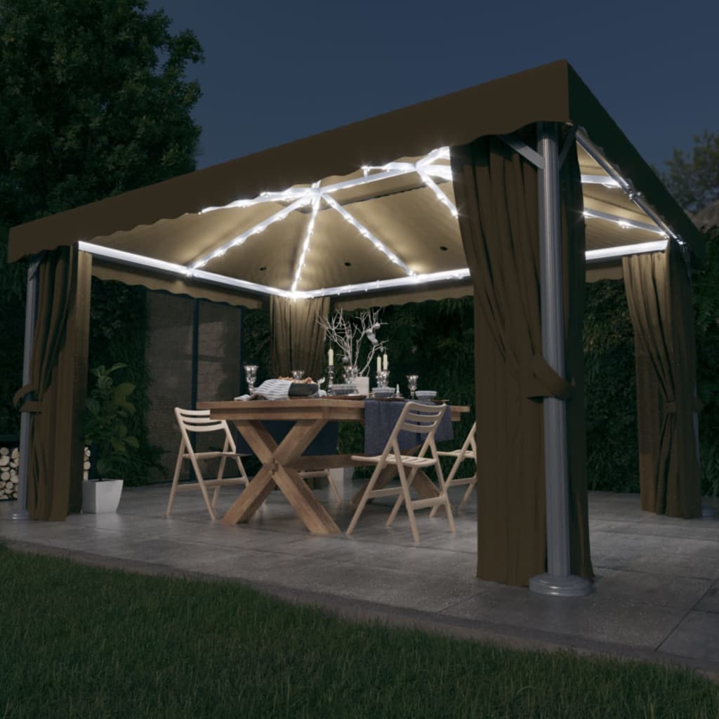VidaXL Prieel met gordijn en LED-lichtslinger 4x3m taupe
