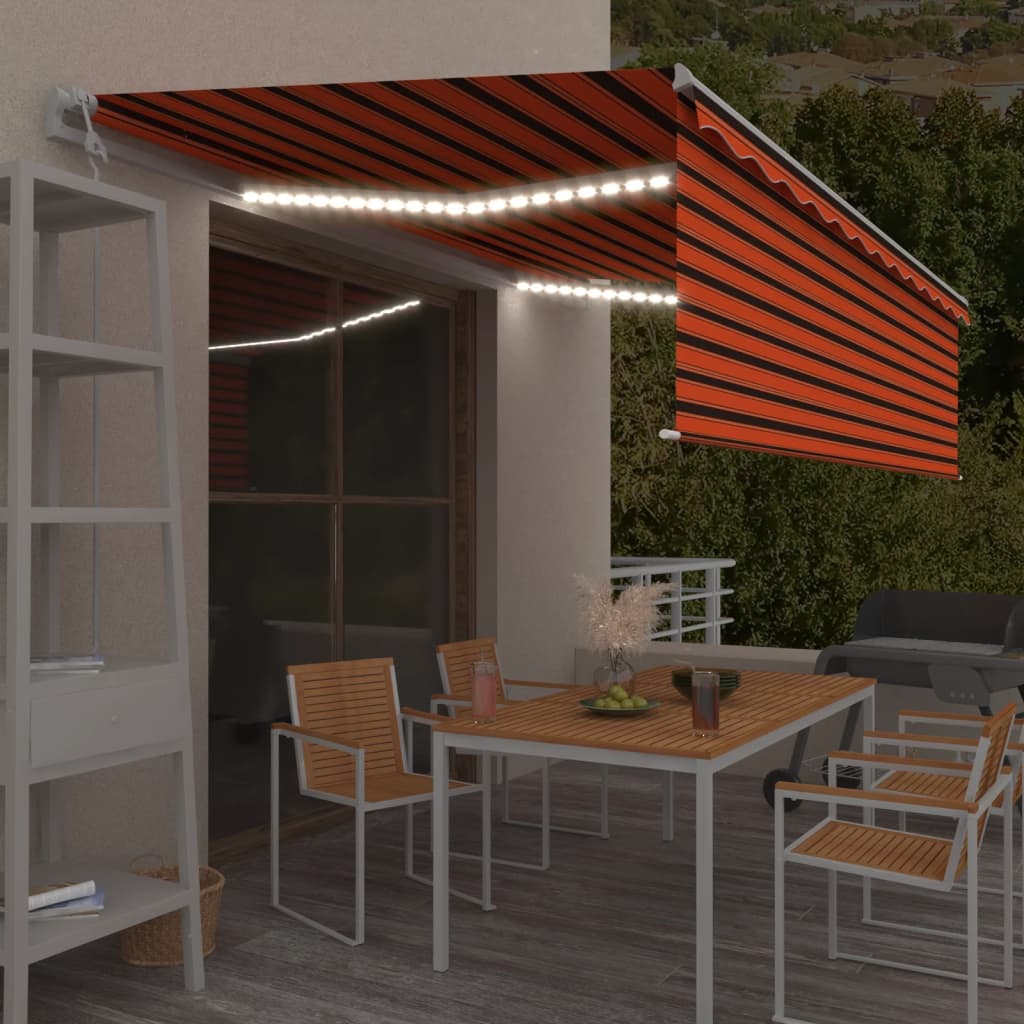 VidaXL Luifel automatisch rolgordijn LED windsensor 5x3m oranje bruin
