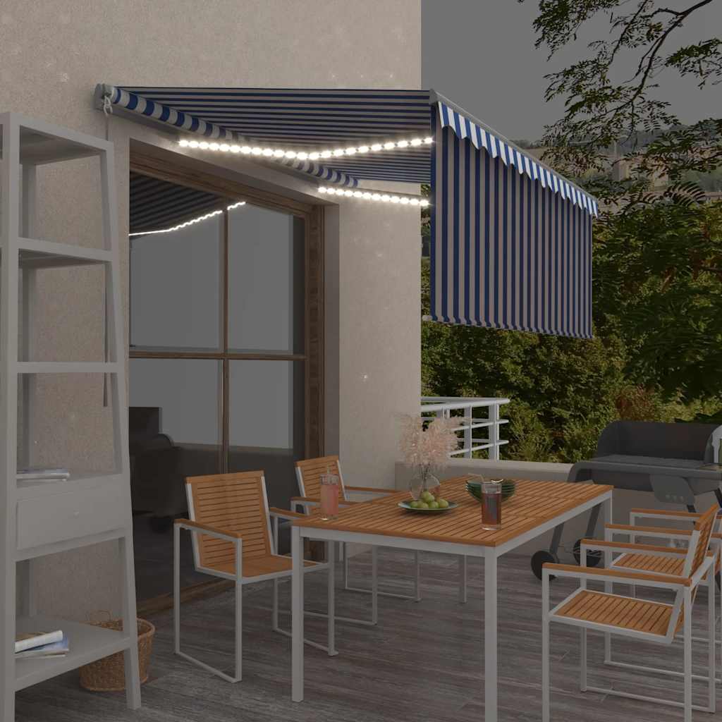 VidaXL Luifel handmatig uittrekbaar rolgordijn LED 3x2,5m blauw wit