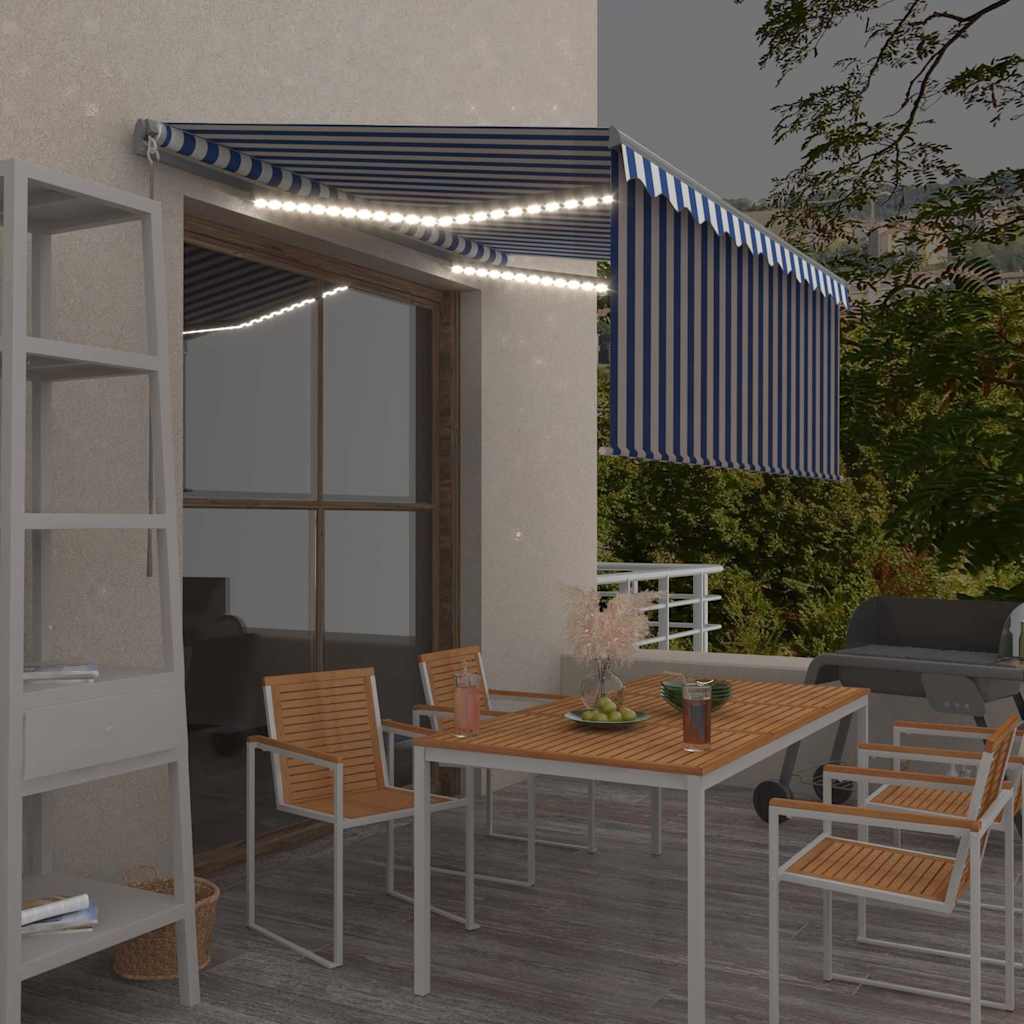 VidaXL Luifel handmatig uittrekbaar rolgordijn LED 3,5x2,5m blauw wit