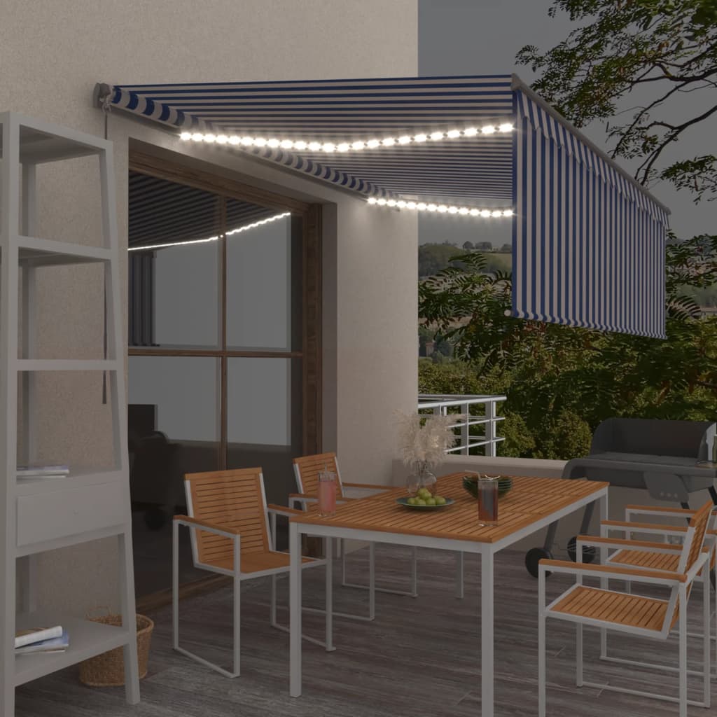 VidaXL Luifel handmatig uittrekbaar met rolgordijn LED 4x3m blauw wit