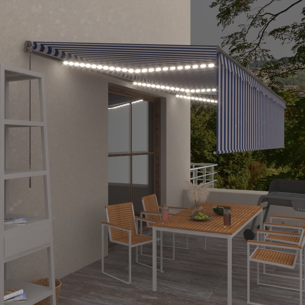 VidaXL Luifel handmatig uittrekbaar met rolgordijn LED 6x3m blauw wit