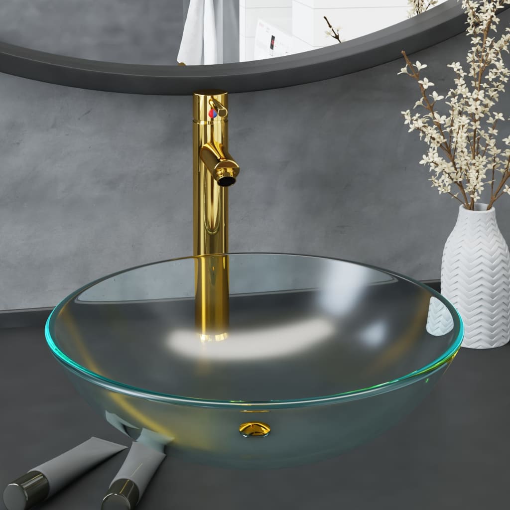 VidaXL Wastafel met kraan en pop-up afvoermat gehard glas