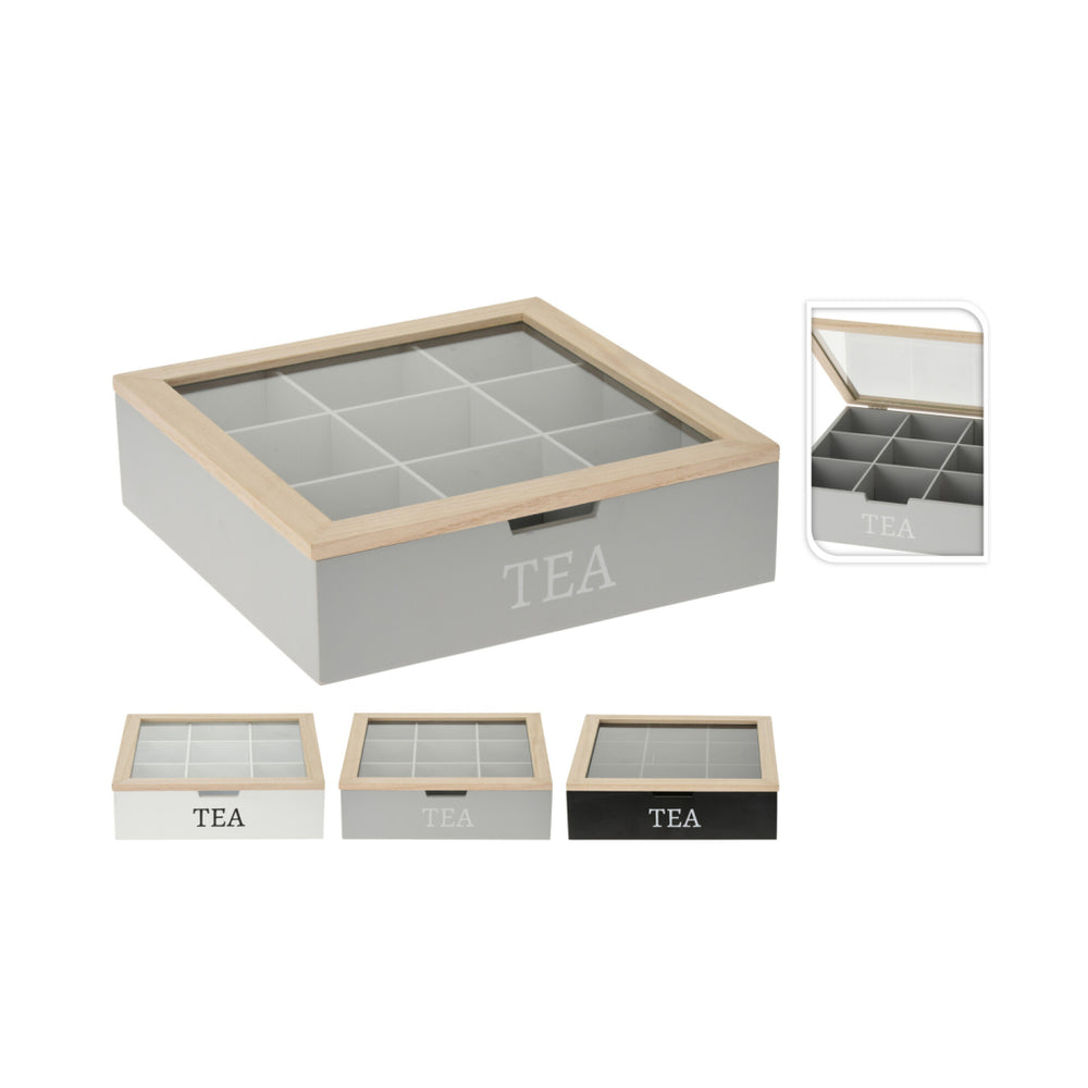 Basic houten theedoos 9 kieuwen 24x24 cm assorti