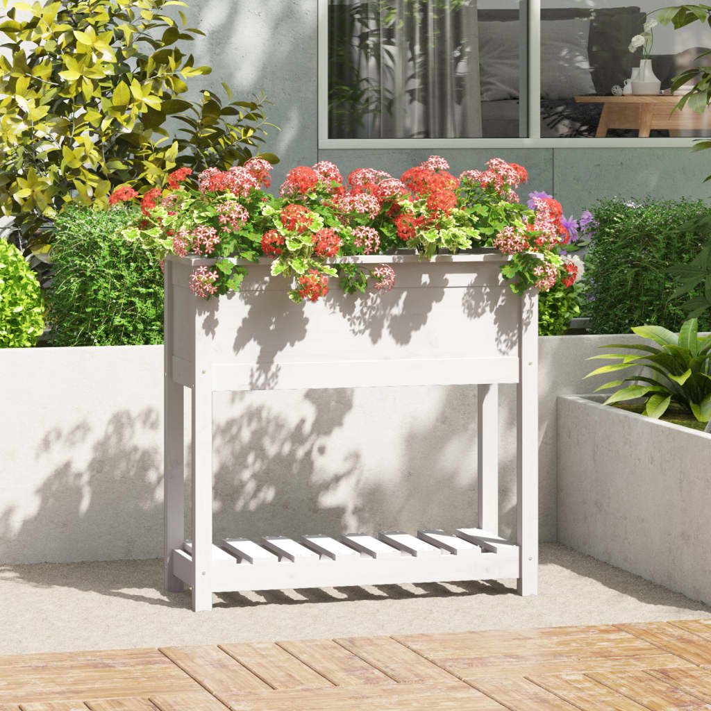 Vidaxl plantenbak met schap 82,5x34,5x81 cm massief groenhout wit