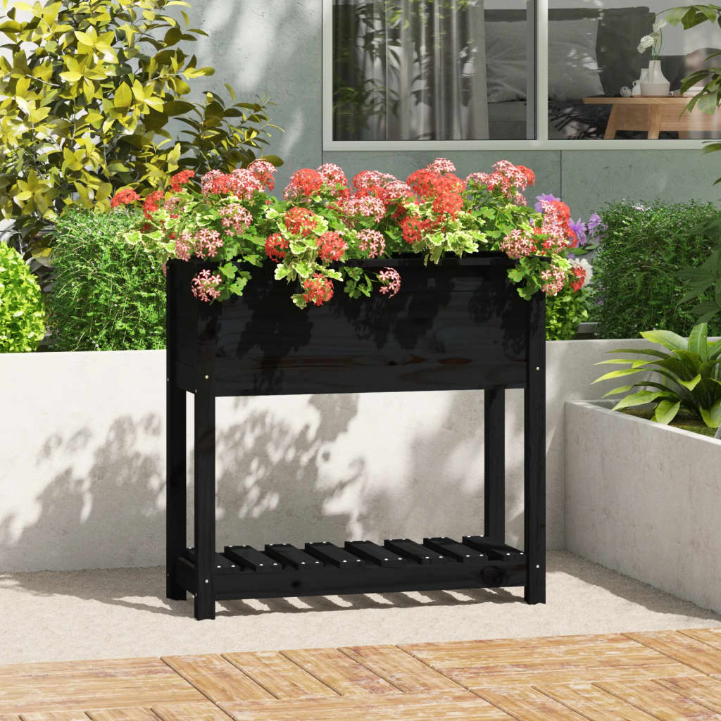 Vidaxl plantenbak met schap 82,5x34,5x81 cm massief groenenhout zwart