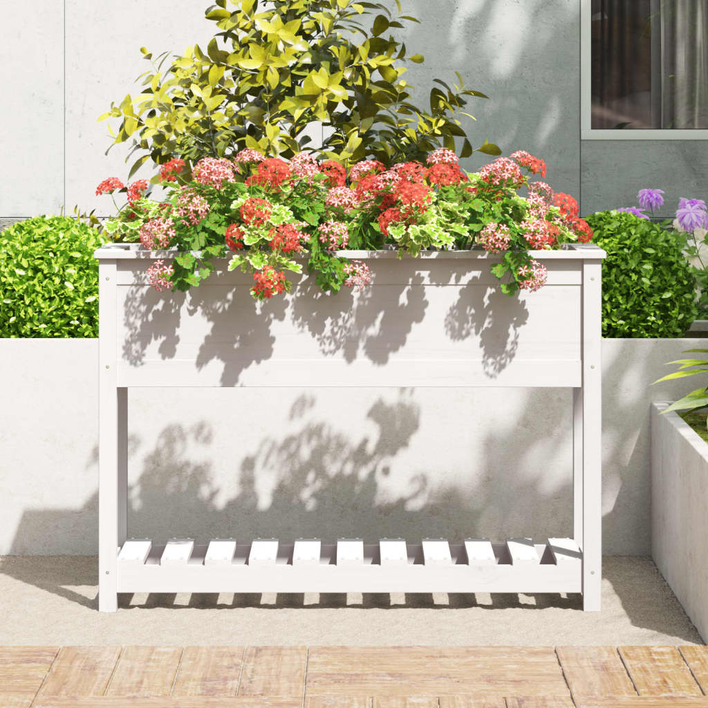 Vidaxl plantenbak met schap 111,5x34,5x81 cm massief groenenhout wit