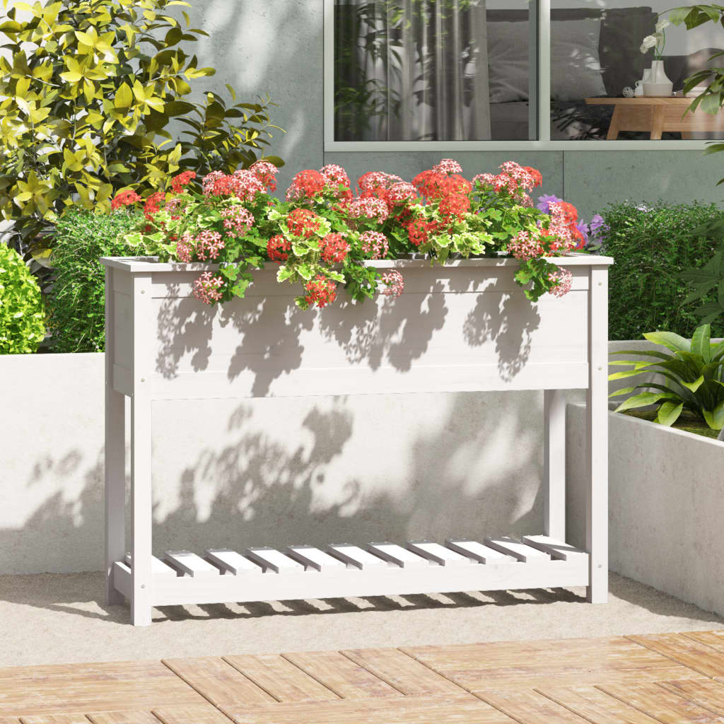 Vidaxl plantenbak met schap 111,5x34,5x81 cm massief groenenhout wit