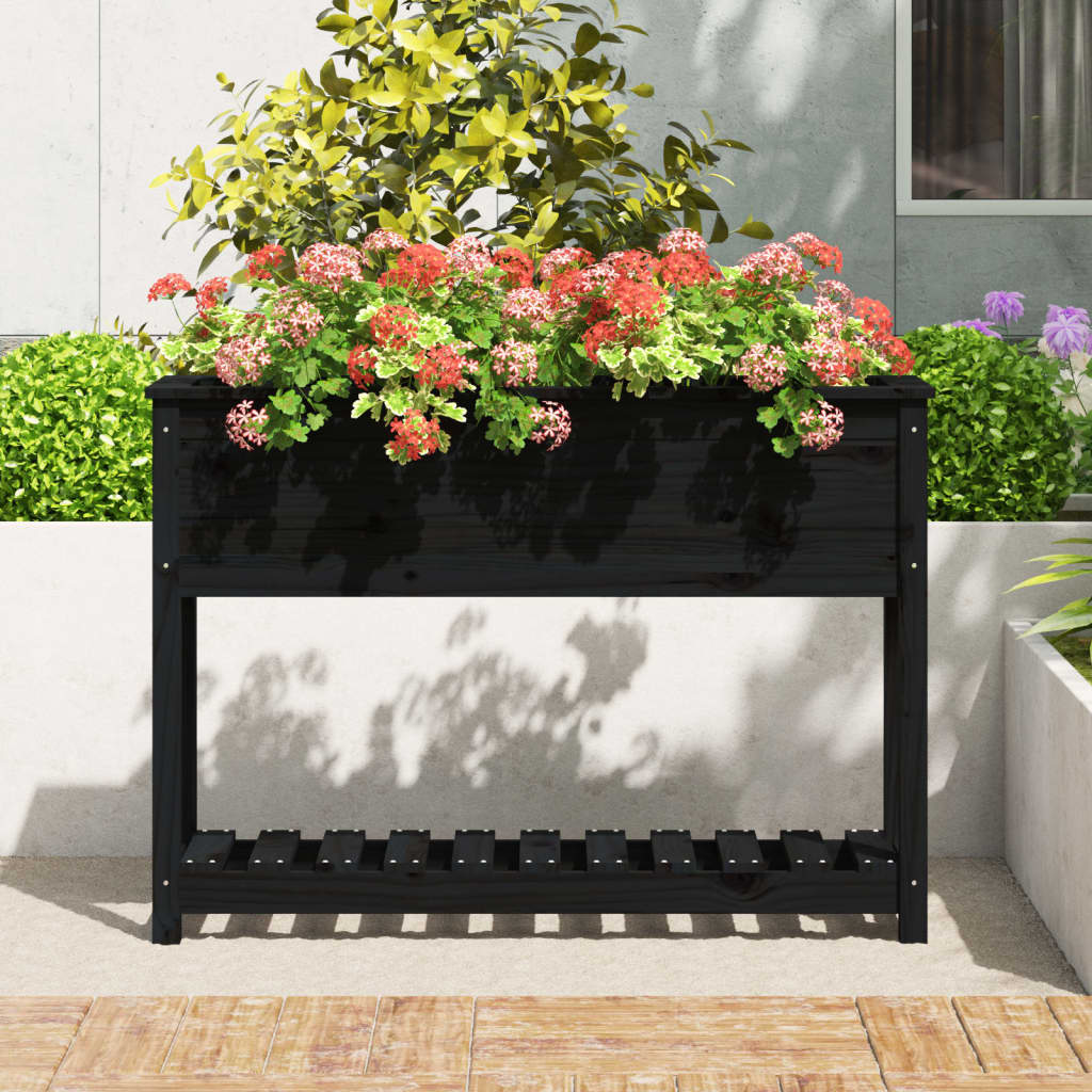Vidaxl plantenbak met schap 111,5x34,5x81 cm massief groenenhout zwart