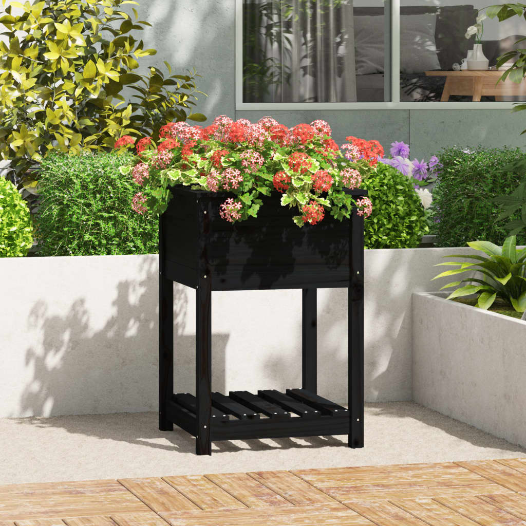 Vidaxl plantenbak met schap 54x54x81 cm massief groenenhout zwart