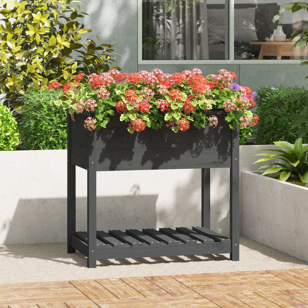 VidaXL Plantenbak met schap 82,5x54x81 cm massief groenenhout grijs