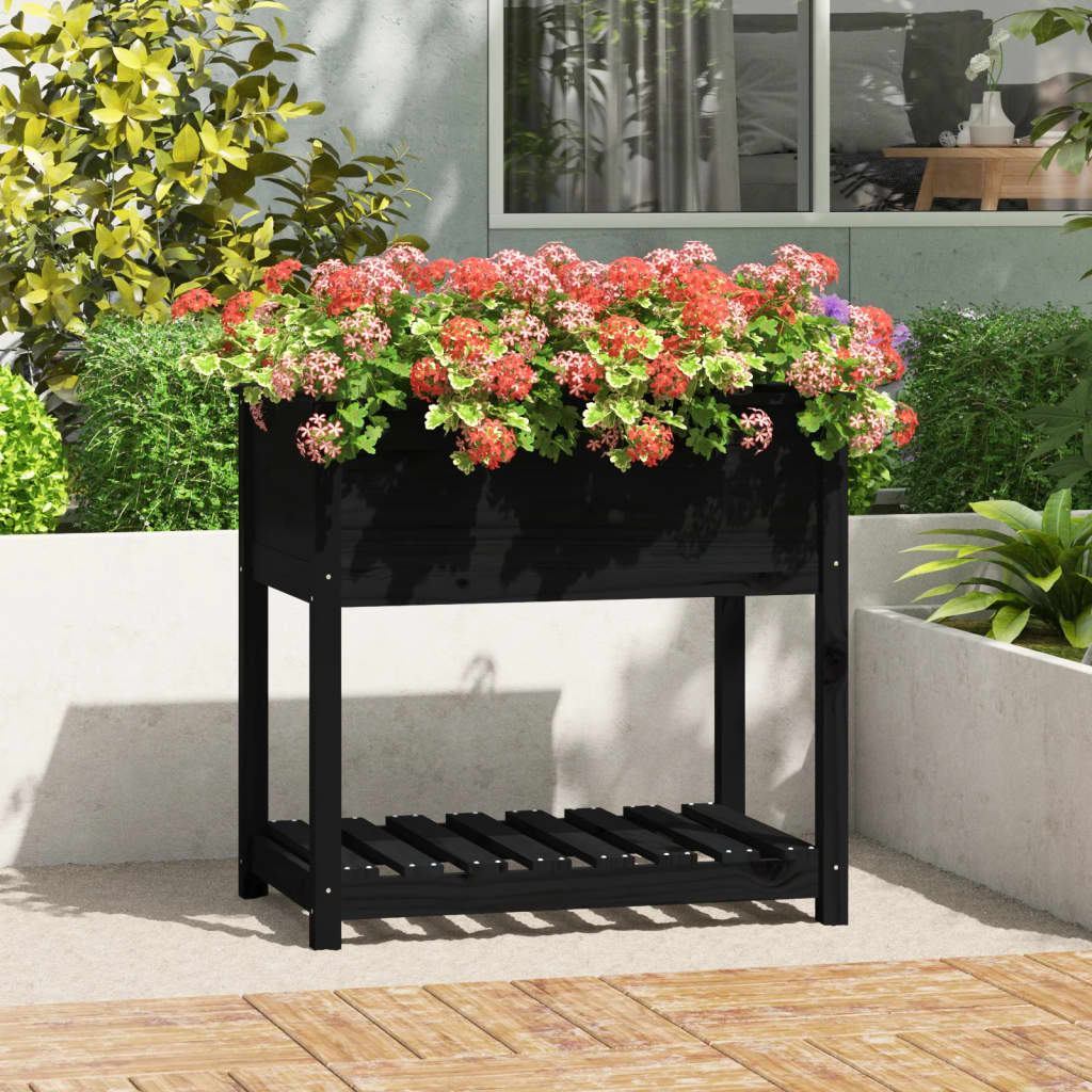 Vidaxl plantenbak met schap 82,5x54x81 cm massief groenenhout zwart