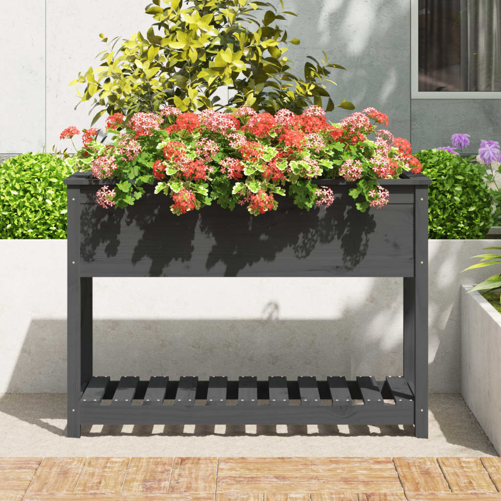 Vidaxl plantenbak met schap 111,5x54x81 cm massief groenenhout grijs