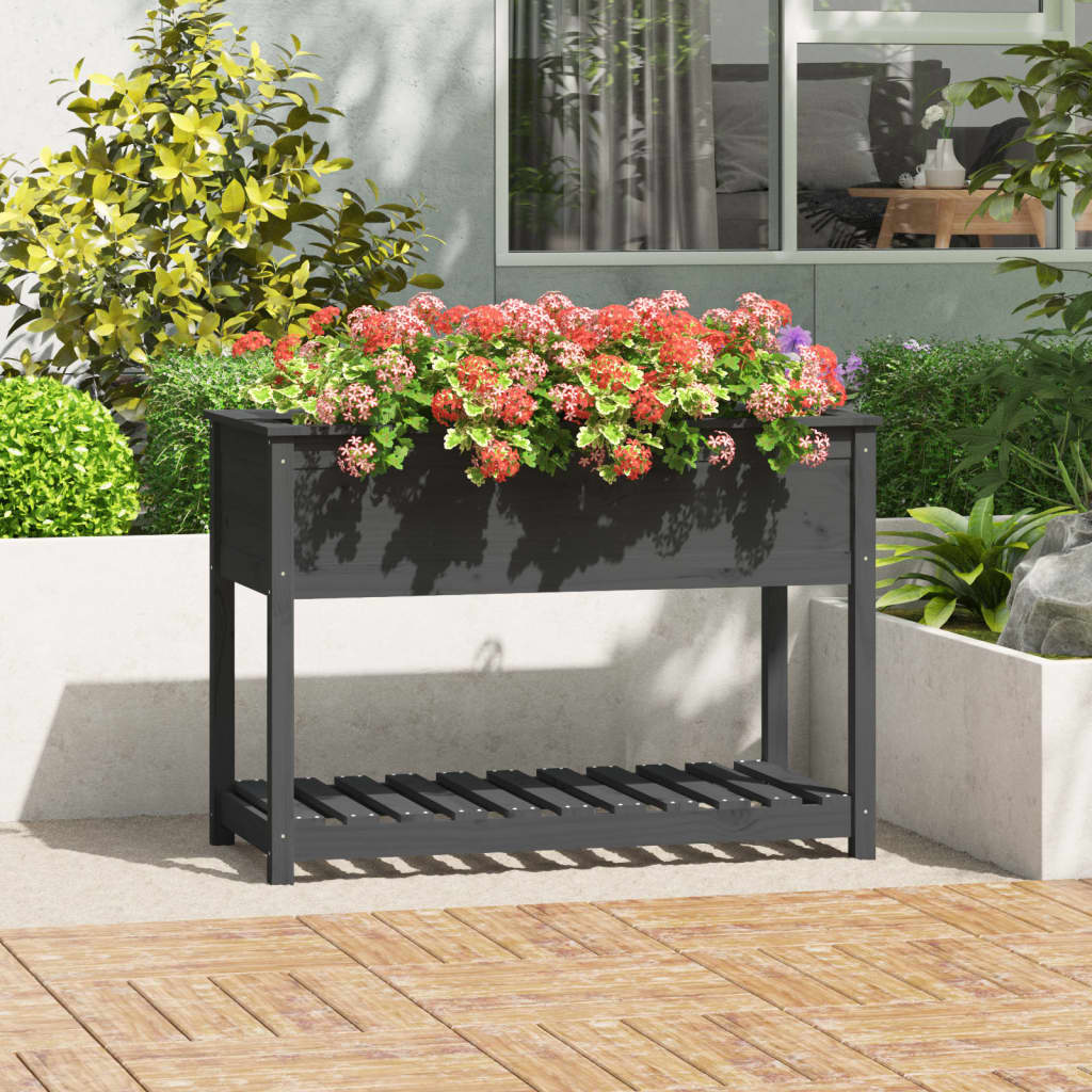 Vidaxl plantenbak met schap 111,5x54x81 cm massief groenenhout grijs