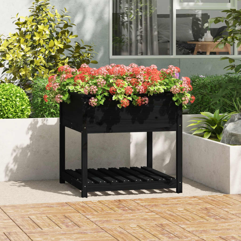 Vidaxl plantenbak met schap 82,5x82,5x81 cm massief groenenhout zwart