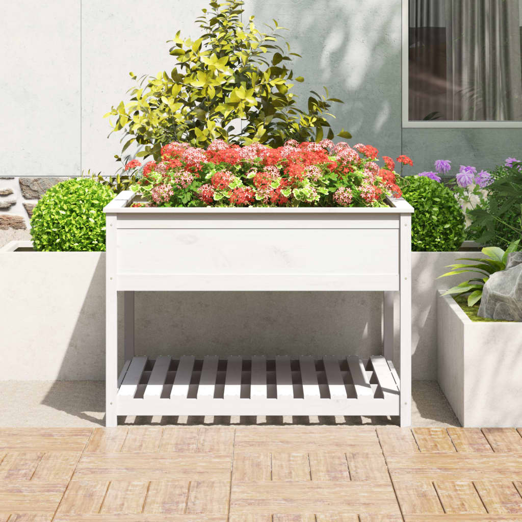 Vidaxl plantenbak met schap 111,5x111,5x81 cm massief groenhout wit