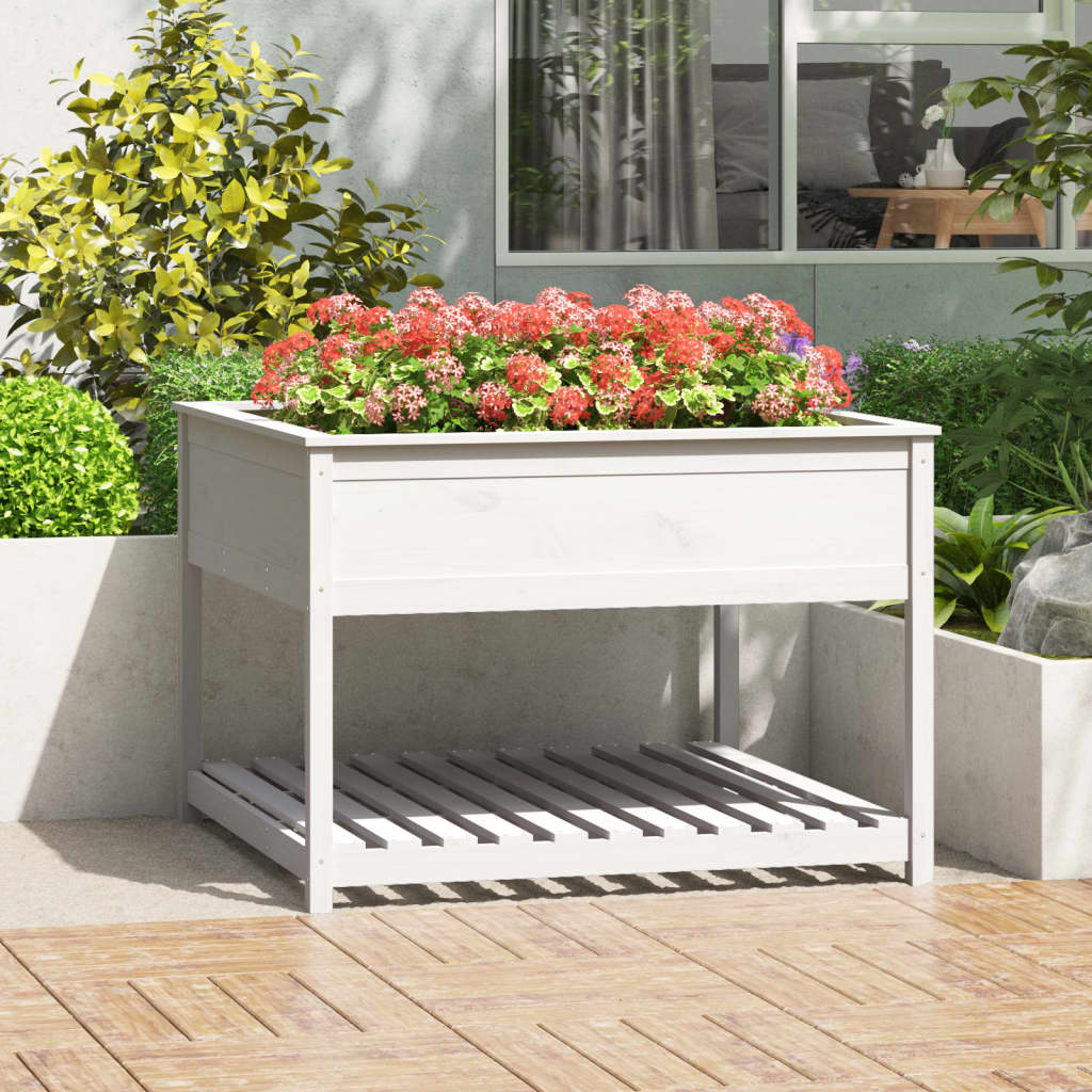 Vidaxl plantenbak met schap 111,5x111,5x81 cm massief groenhout wit