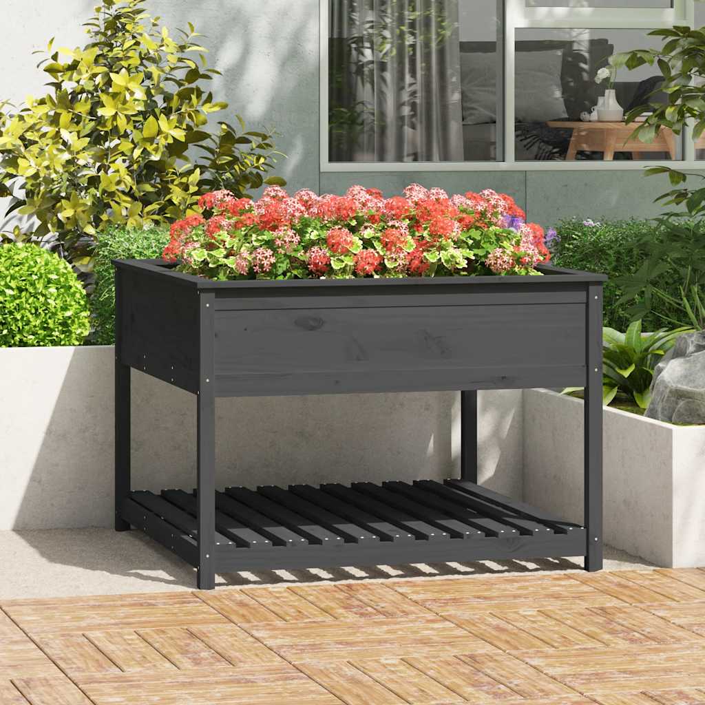 Vidaxl plantenbak met schap 111,5x111,5x81 cm massief groenhout grijs