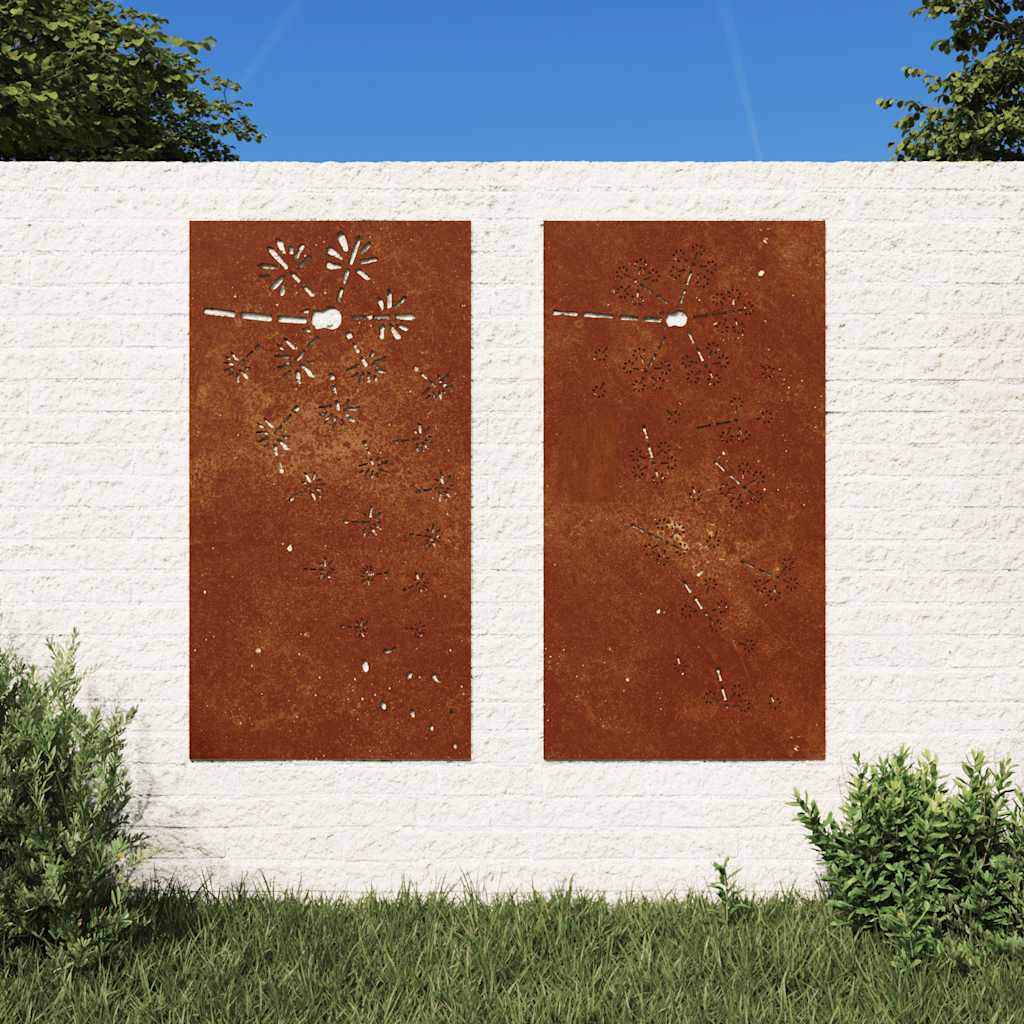 Vidaxl wanddecoratie tuin 2 st bloemenontwerp 105x55 cm cortenstaal