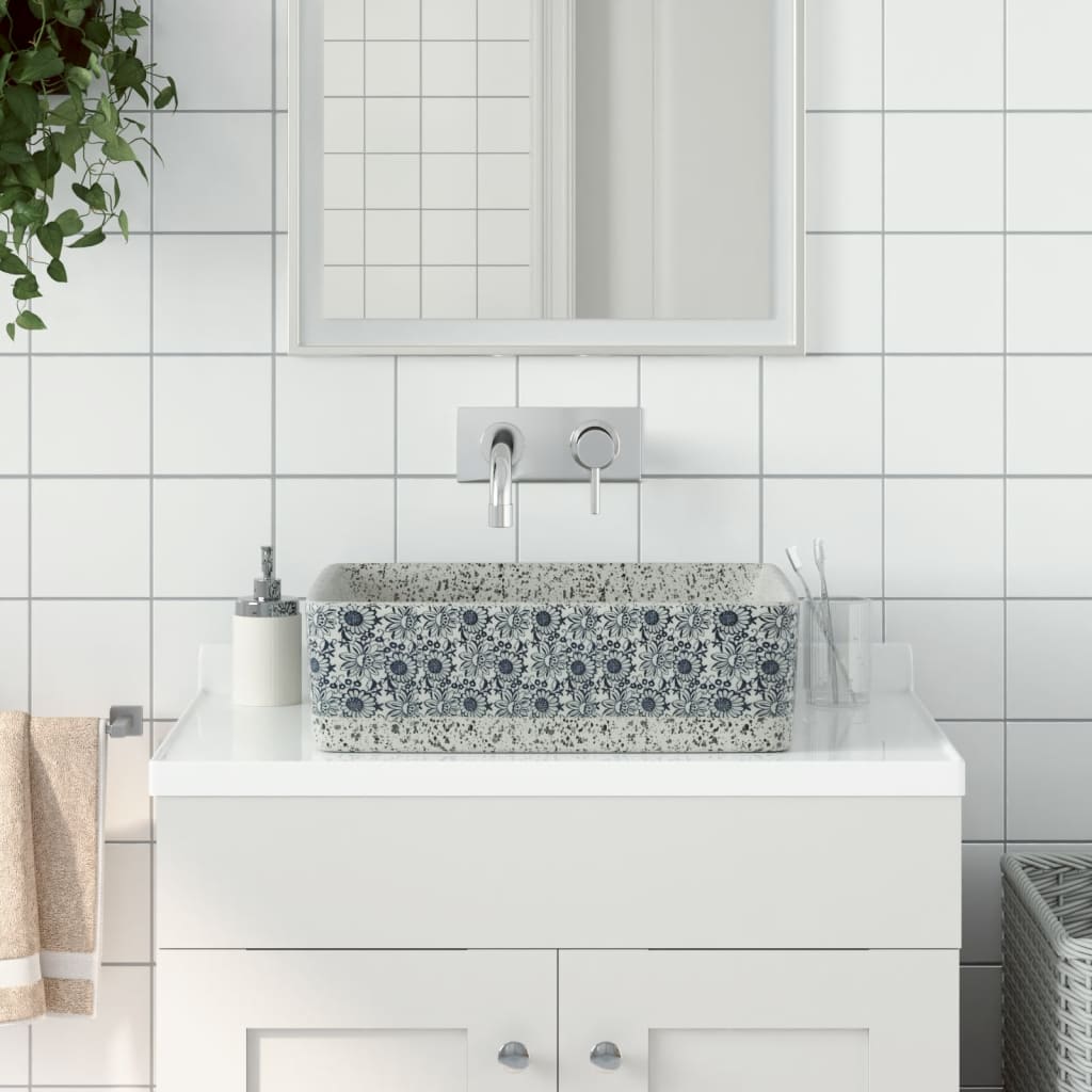 Vidaxl opzetwasbak rechthoekig 46x35,5x13 cm keramiek grijs en blauw