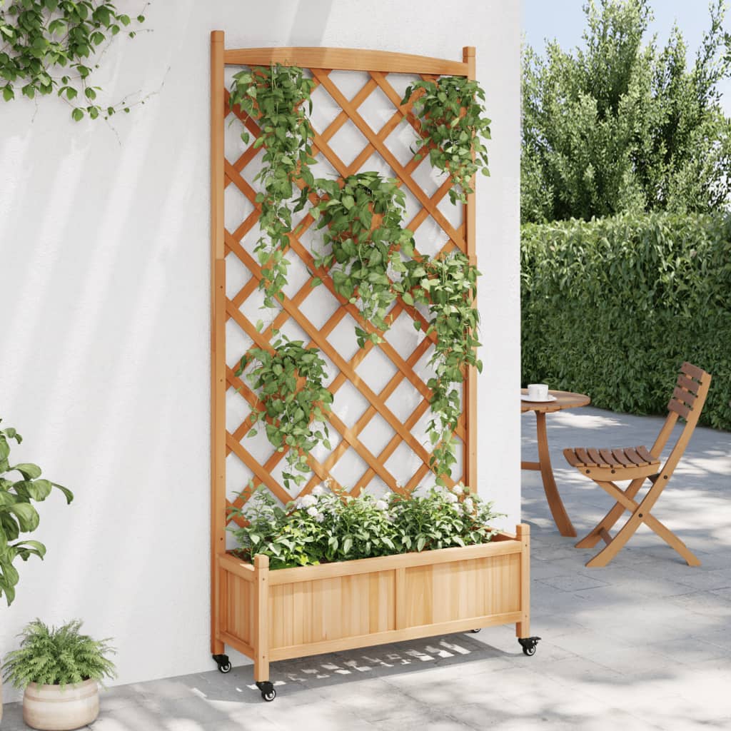 VidaXL Plantenbak met latwerk en wielen massief vuurhout bruin