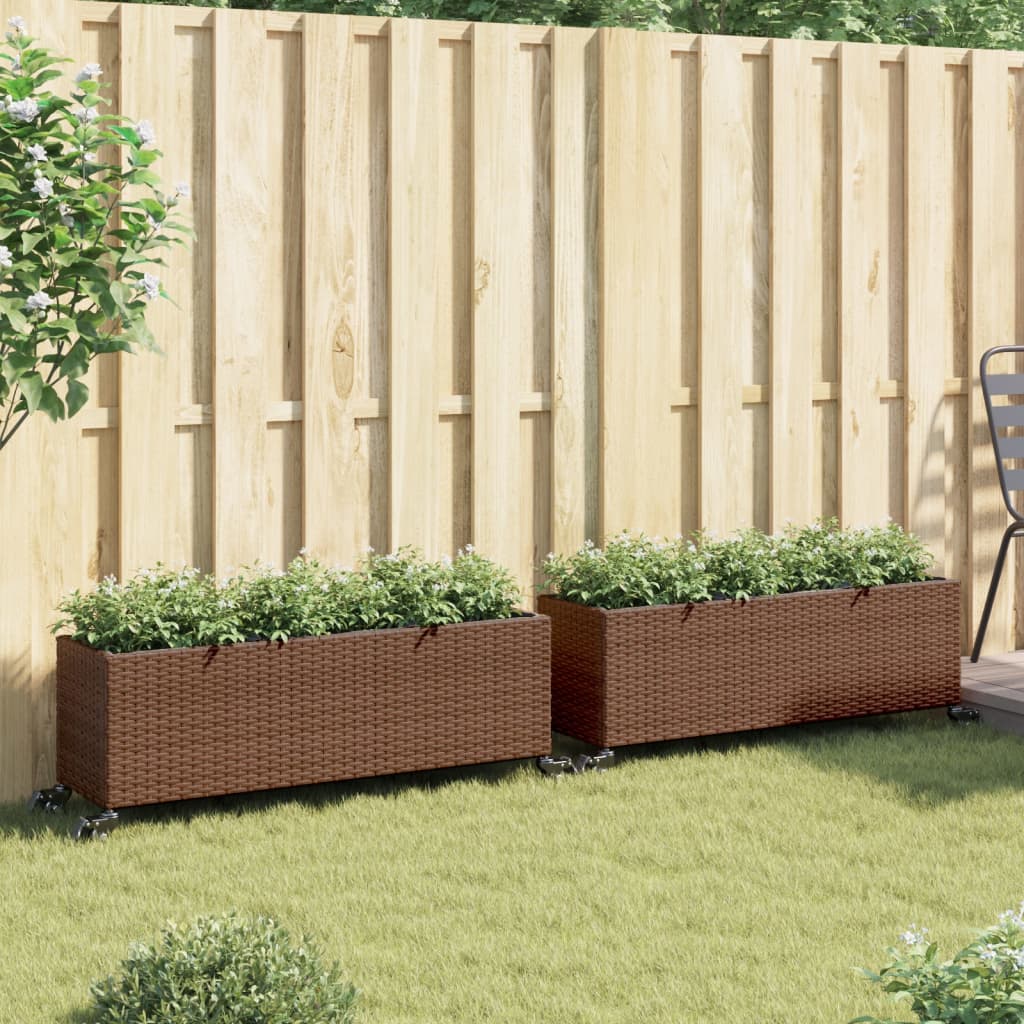Vidaxl plantenbakken met wielen 2 st 107x32x38 cm poly rattan bruin